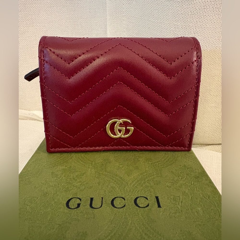 Gucci GG Marmont Rosso Ancora Red Matelassé Chevron Wallet Double G Gold 466492 - Picture 12 of 12